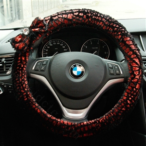 Bowknot Glitter Lace Universal Car Steering Wheel Covers 15 inch 38CM - Red