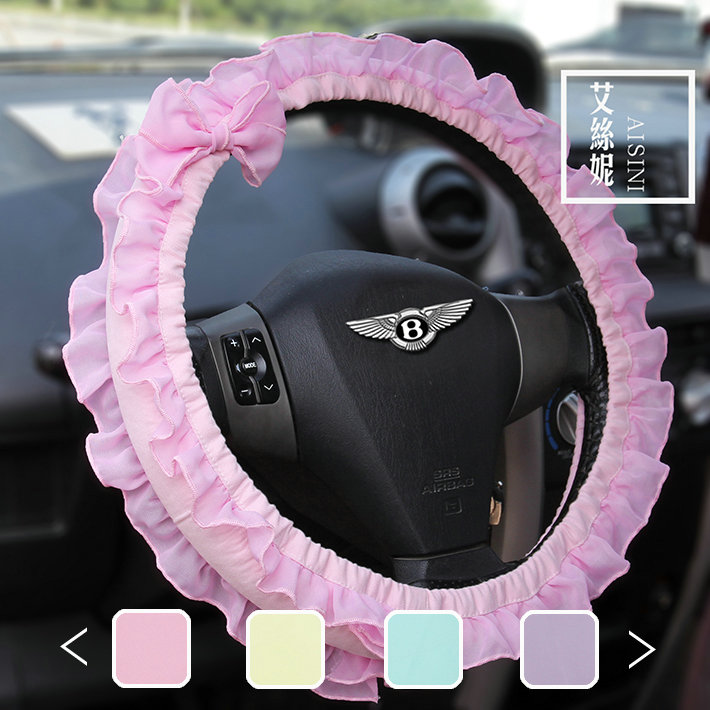 Bowknot Lace Cloth Universal Elastic Auto Steering Wheel Covers 15 inch 38CM - Pink