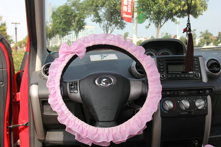 Bowknot Lace Cloth Universal Elastic Auto Steering Wheel Covers 15 inch 38CM - Pink
