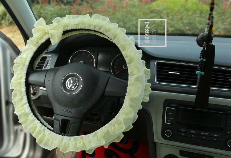 Bowknot Lace Cloth Universal Elastic Auto Steering Wheel Covers 15 inch 38CM - Yellow