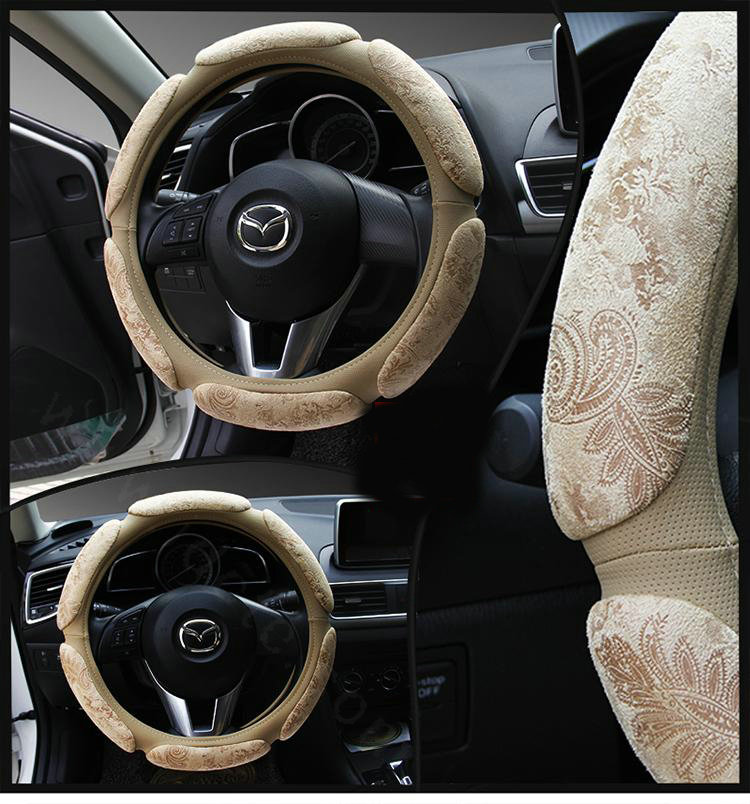 Calssic Emboss Suedette Universal Car Steering Wheels Covers 15 Inch - Beige