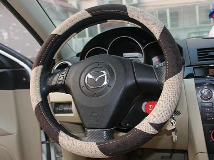 Calssic Stripe Universal Car Steering Wheel Covers for Flax 15 inch 38CM - Beige Coffee