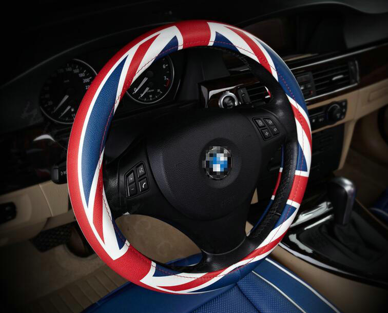 Calssic UK Flag Patterns PU Leather Car Steering Wheel Covers 15 inch 38CM - Red Blue