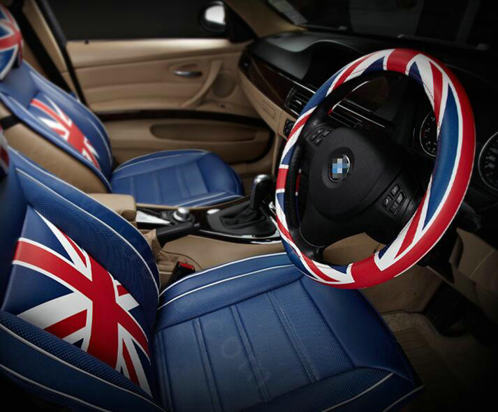Calssic UK Flag Patterns PU Leather Car Steering Wheel Covers 15 inch 38CM - Red Blue