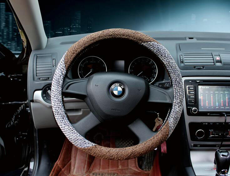 Calssic Universal Car Steering Wheel Covers for Flax 15 inch 38CM - Gray Coffee