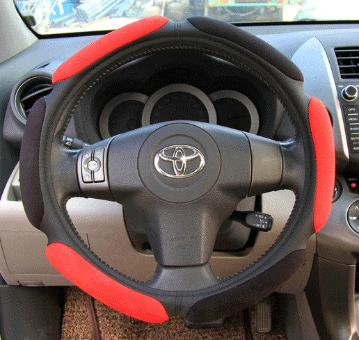 Calssic Universal Car Steering Wheels Covers Suedette Leather 15 Inch - Red Black