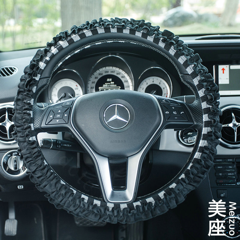 Classic Plaid Fold Lace Cotton Flax Car Steering Wheel Covers 15 inch 38CM - Black