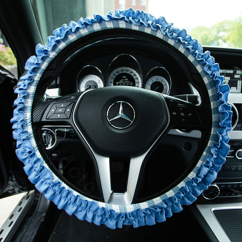 Classic Plaid Fold Lace Cotton Flax Car Steering Wheel Covers 15 inch 38CM - Blue