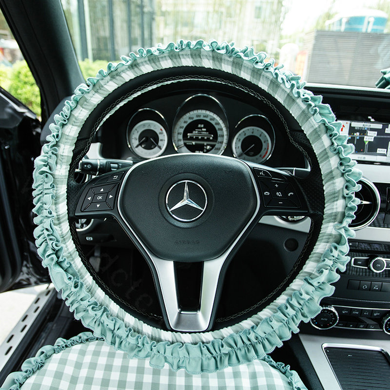 Classic Plaid Fold Lace Cotton Flax Car Steering Wheel Covers 15 inch 38CM - Mint green