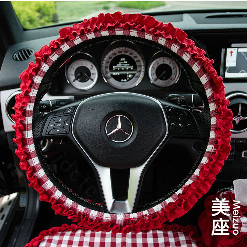 Classic Plaid Fold Lace Cotton Flax Car Steering Wheel Covers 15 inch 38CM - Red