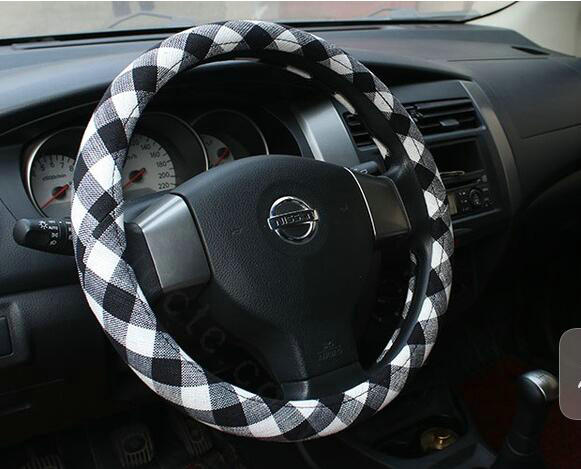 Classic Plaid Linen Universal Car Steering Wheel Covers 15 inch 38CM - Black White