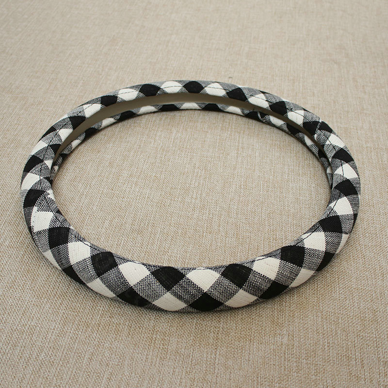 Classic Plaid Linen Universal Car Steering Wheel Covers 15 inch 38CM - Black White