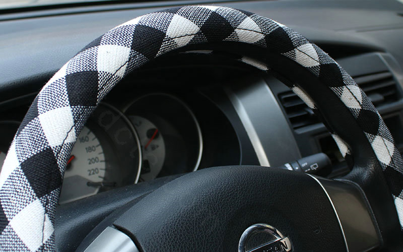 Classic Plaid Linen Universal Car Steering Wheel Covers 15 inch 38CM - Black White