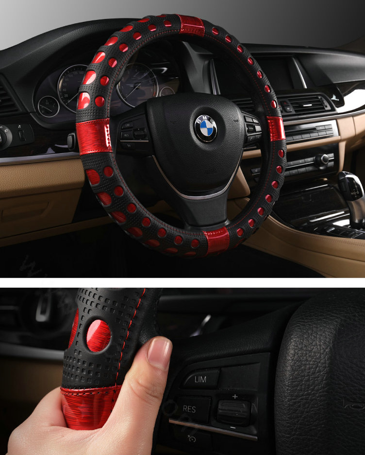 Cool Hollow Anti-slip Glitter Car Steering Wheel Covers PU Leather 15 inch 38CM - Red