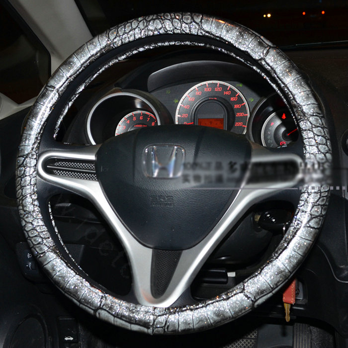 Crocodilian Grain Glitter PU Leather Vehicle Steering Wheel Covers 15 inch 38CM - Silver