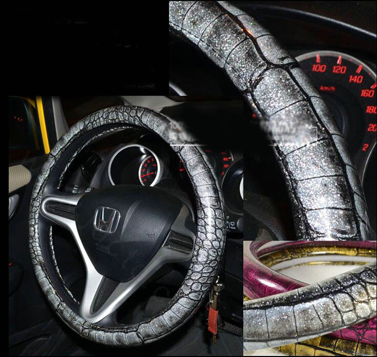 Crocodilian Grain Glitter PU Leather Vehicle Steering Wheel Covers 15 inch 38CM - Silver