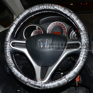 Crocodilian Grain Glitter PU Leather Vehicle Steering Wheel Covers 15 inch 38CM - Silver