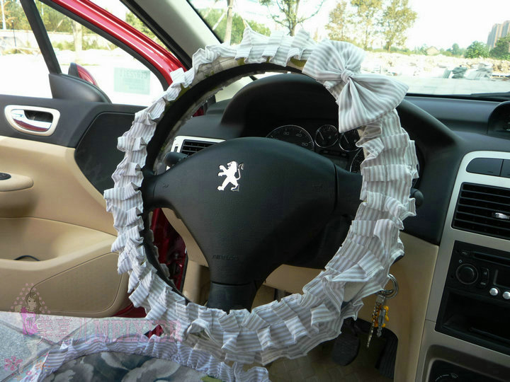 Cute Bowknot Flower Fold Lace Flax Car Steering Wheel Covers 15 inch 38CM - Grey