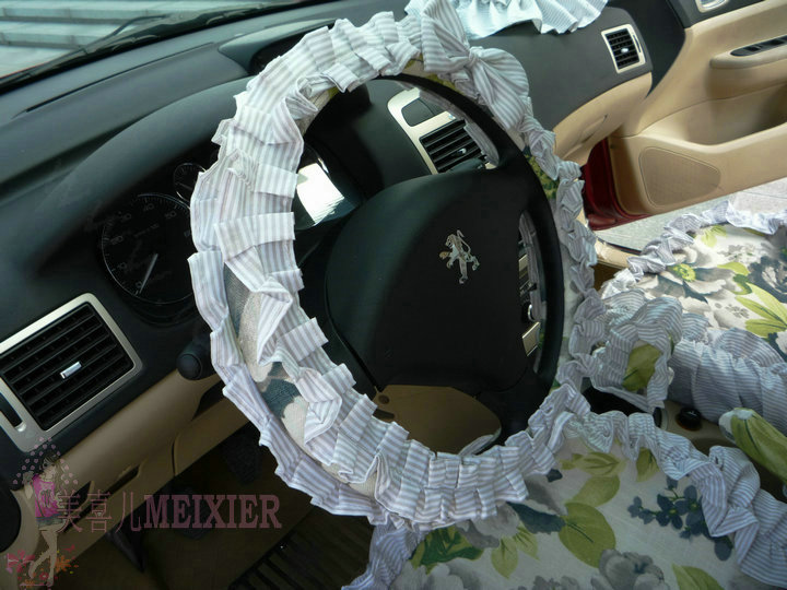 Cute Bowknot Flower Fold Lace Flax Car Steering Wheel Covers 15 inch 38CM - Grey