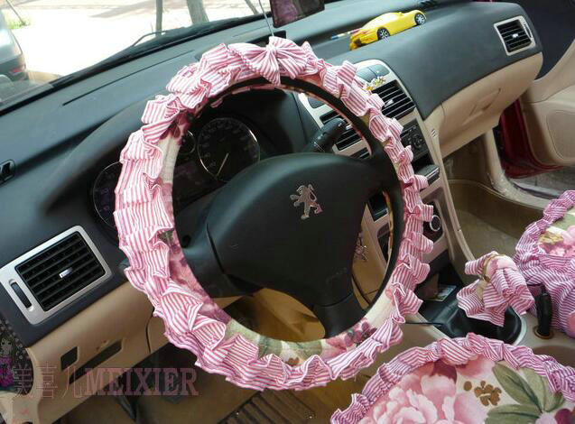 Cute Bowknot Flower Fold Lace Flax Car Steering Wheel Covers 15 inch 38CM - Red