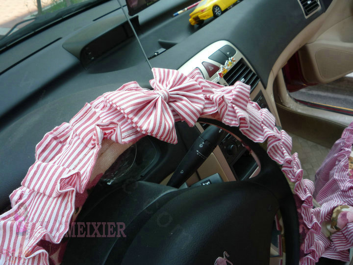 Cute Bowknot Flower Fold Lace Flax Car Steering Wheel Covers 15 inch 38CM - Red