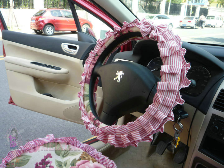 Cute Bowknot Flower Fold Lace Flax Car Steering Wheel Covers 15 inch 38CM - Red