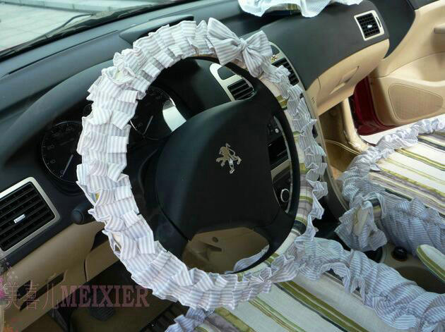 Cute Bowknot Stripe Fold Lace Flax Car Steering Wheel Covers 15 inch 38CM - Green