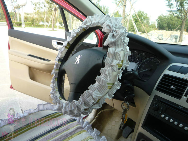 Cute Bowknot Stripe Fold Lace Flax Car Steering Wheel Covers 15 inch 38CM - Green