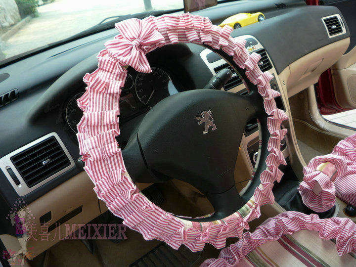 Cute Bowknot Stripe Fold Lace Flax Car Steering Wheel Covers 15 inch 38CM - Red