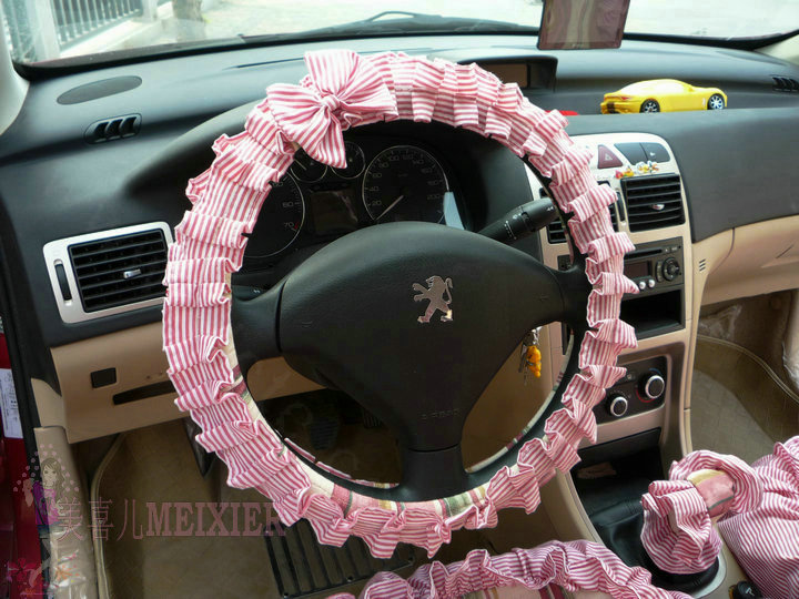 Cute Bowknot Stripe Fold Lace Flax Car Steering Wheel Covers 15 inch 38CM - Red