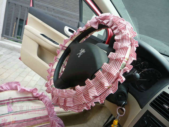 Cute Bowknot Stripe Fold Lace Flax Car Steering Wheel Covers 15 inch 38CM - Red