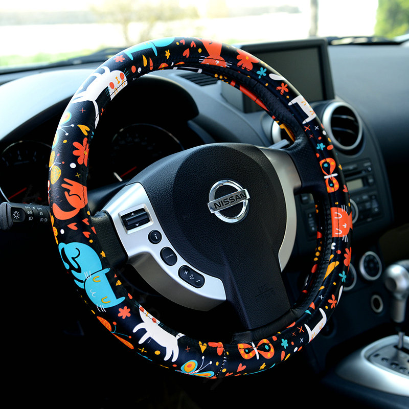 Cute Butterfly Cats PU Leather Universal Car Steering Wheel Covers 15 inch - Black