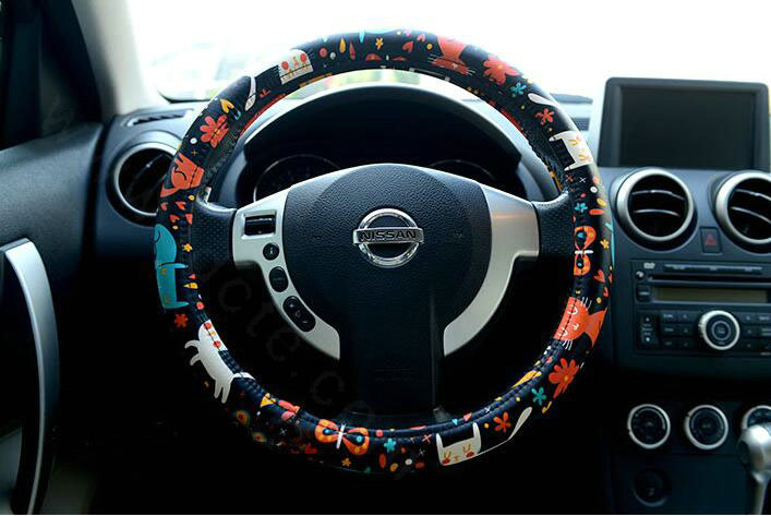 Cute Butterfly Cats PU Leather Universal Car Steering Wheel Covers 15 inch - Black
