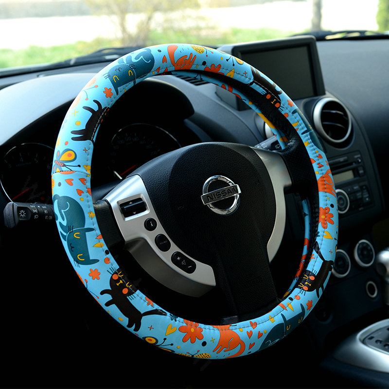 Cute Butterfly Cats PU Leather Universal Car Steering Wheel Covers 15 inch - Blue