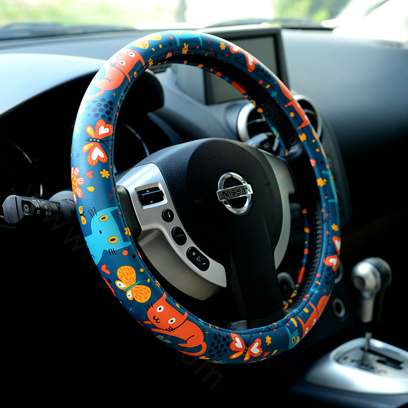 Cute Butterfly Cats PU Leather Universal Car Steering Wheel Covers 15 inch - Deep Blue