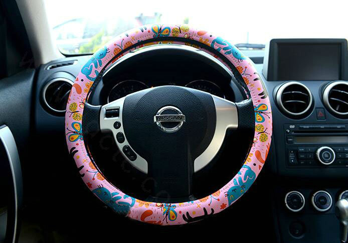 Cute Butterfly Cats PU Leather Universal Car Steering Wheel Covers 15 inch - Pink