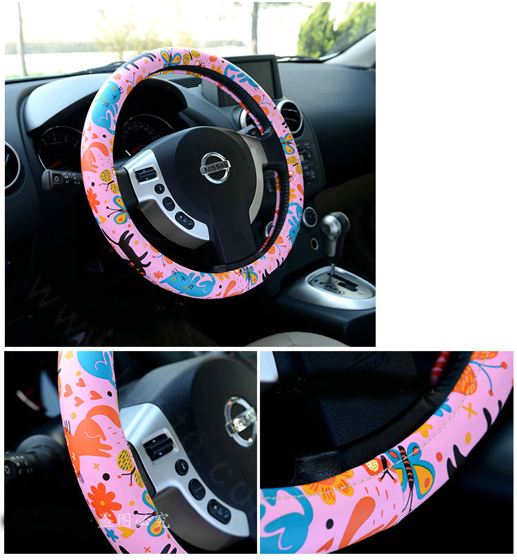 Cute Butterfly Cats PU Leather Universal Car Steering Wheel Covers 15 inch - Pink