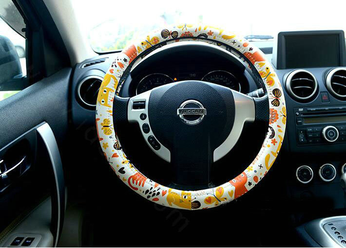 Cute Butterfly Cats PU Leather Universal Car Steering Wheel Covers 15 inch - Yellow