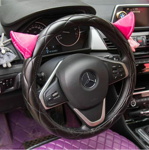 Cute Ears Universal Car Steering Wheel Covers Diamond-shaped PU Leather 15 inch - Black Rose