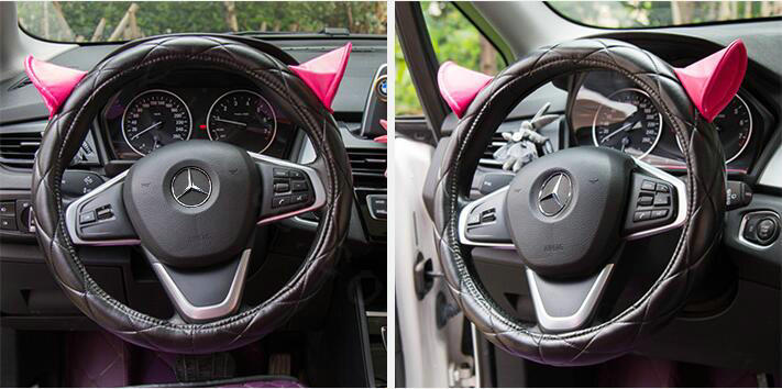 Cute Ears Universal Car Steering Wheel Covers Diamond-shaped PU Leather 15 inch - Black Rose