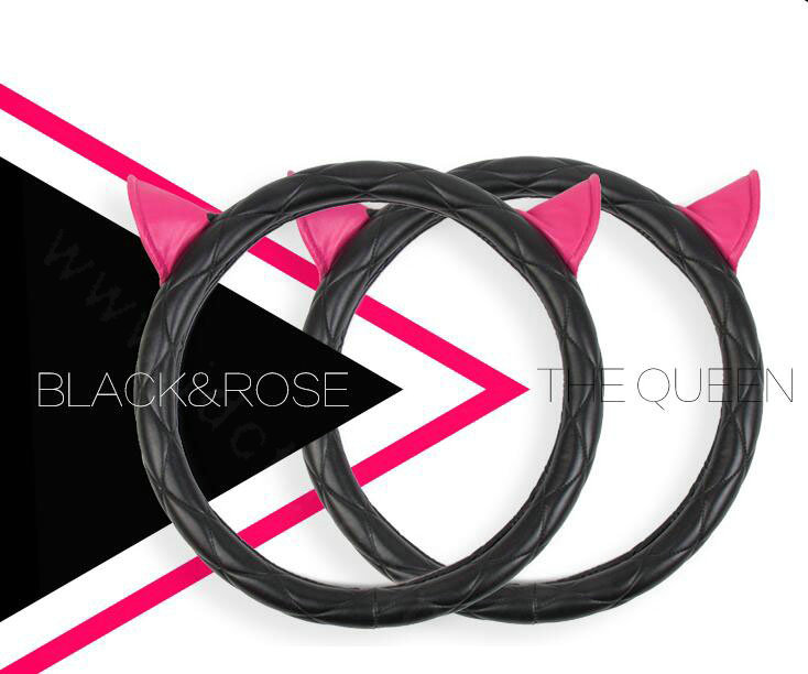 Cute Ears Universal Car Steering Wheel Covers Diamond-shaped PU Leather 15 inch - Black Rose