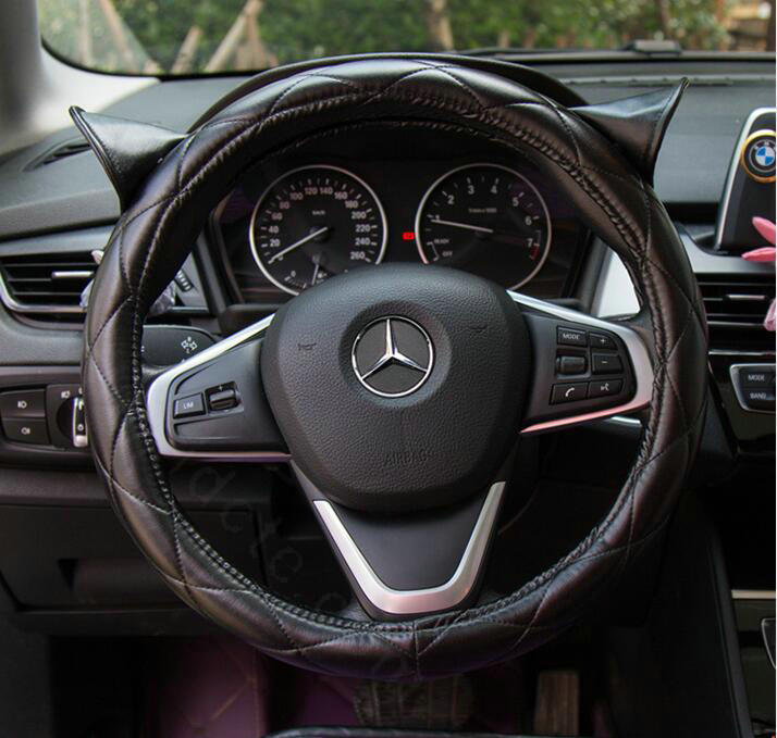 Cute Ears Universal Car Steering Wheel Covers Diamond-shaped PU Leather 15 inch - Black