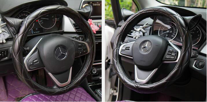 Cute Ears Universal Car Steering Wheel Covers Diamond-shaped PU Leather 15 inch - Black