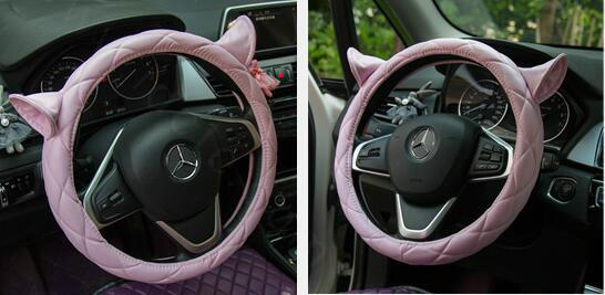 Cute Ears Universal Car Steering Wheel Covers Diamond-shaped PU Leather 15 inch - Pink