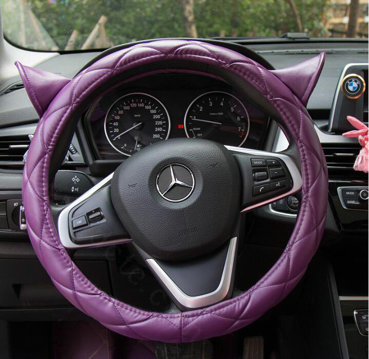 Cute Ears Universal Car Steering Wheel Covers Diamond-shaped PU Leather 15 inch - Purple