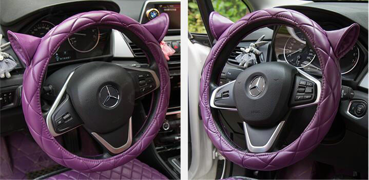 Cute Ears Universal Car Steering Wheel Covers Diamond-shaped PU Leather 15 inch - Purple