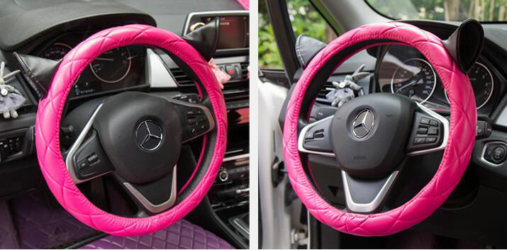 Cute Ears Universal Car Steering Wheel Covers Diamond-shaped PU Leather 15 inch - Rose Black