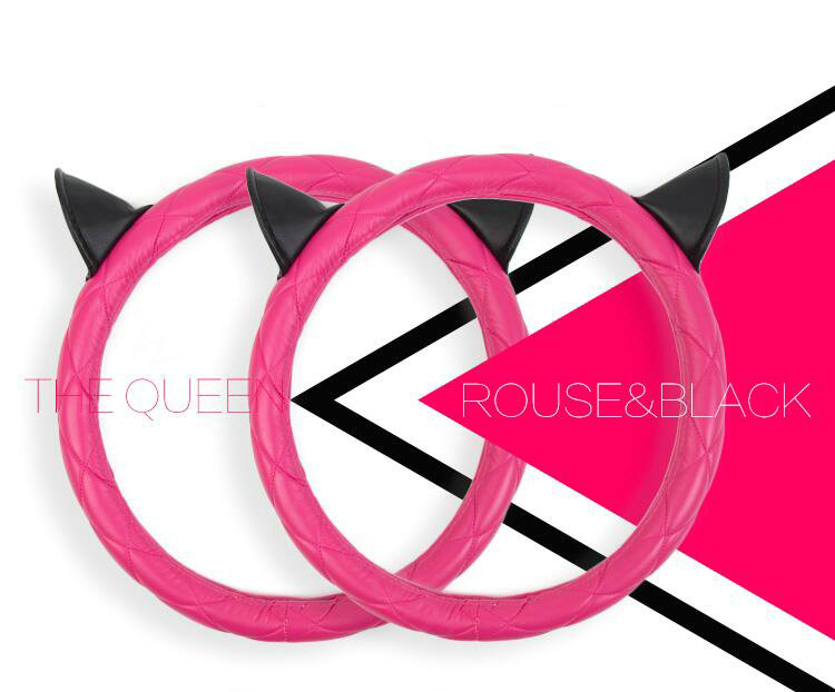Cute Ears Universal Car Steering Wheel Covers Diamond-shaped PU Leather 15 inch - Rose Black