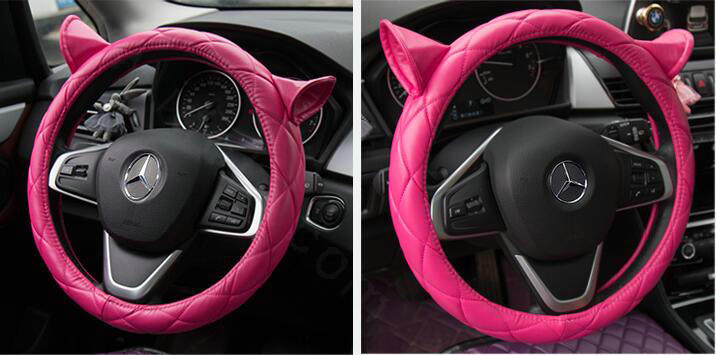 Cute Ears Universal Car Steering Wheel Covers Diamond-shaped PU Leather 15 inch - Rose