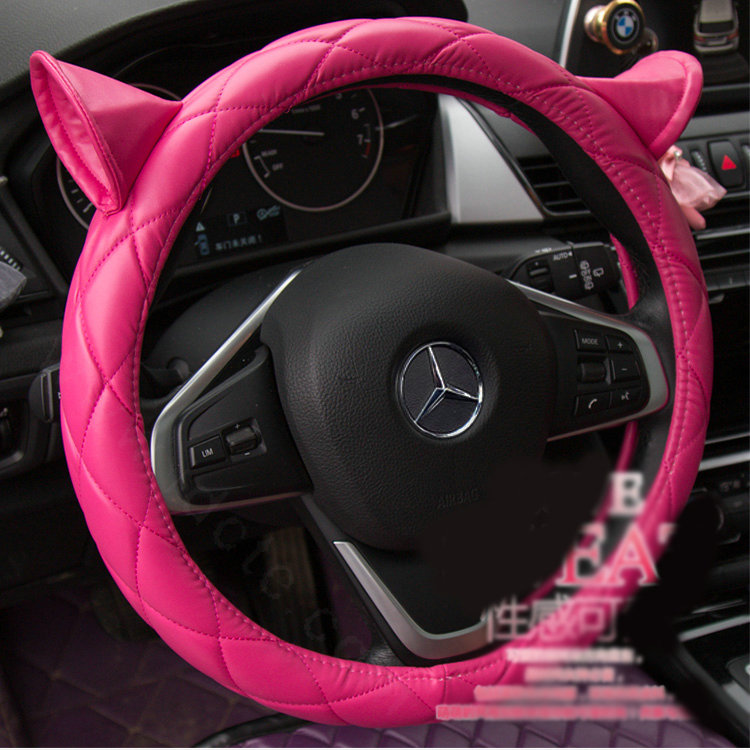 Cute Ears Universal Car Steering Wheel Covers Diamond-shaped PU Leather 15 inch - Rose